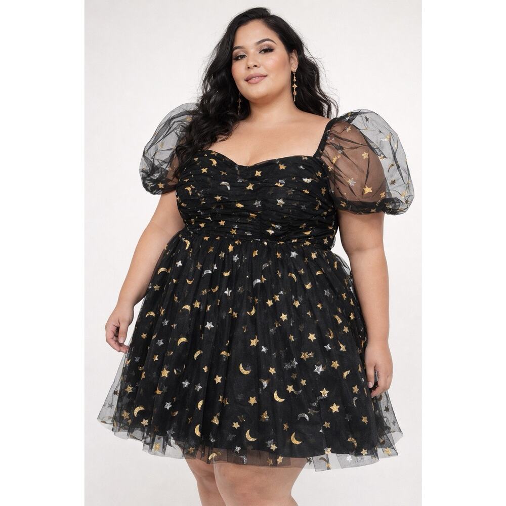 Womens Black Gold Stars Sleeveless Party Dress 3XL Whimsy goth Dark Fairy